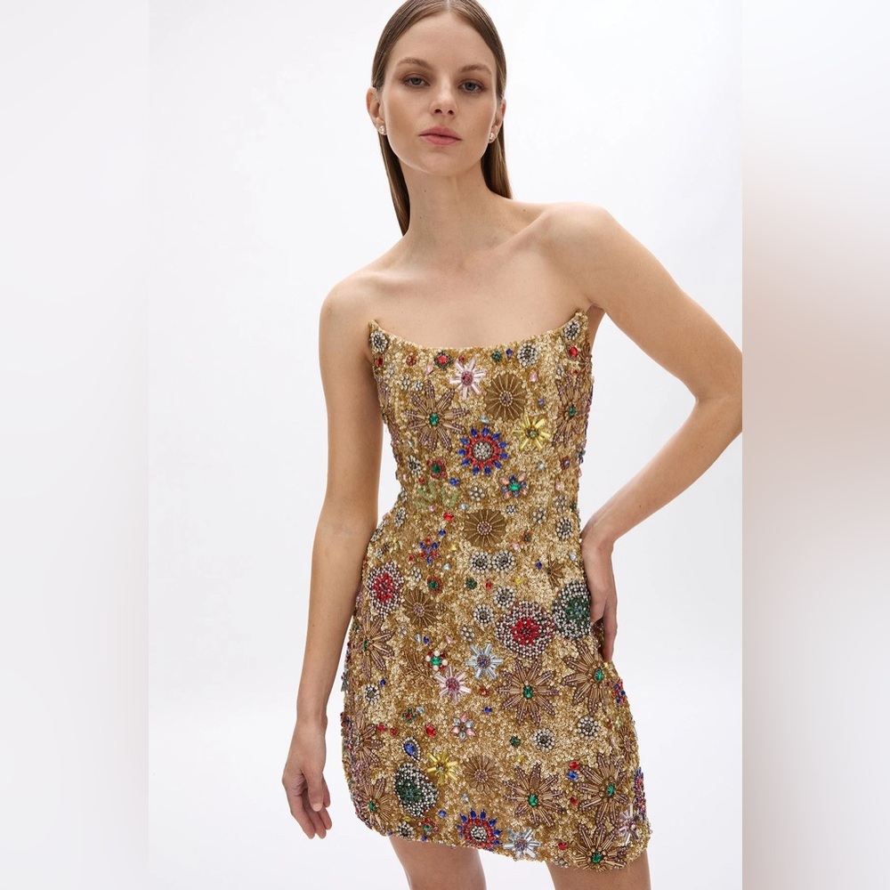 Rachel Gilbert New Francesca Strapless Star Mini Dress Gold Size 6